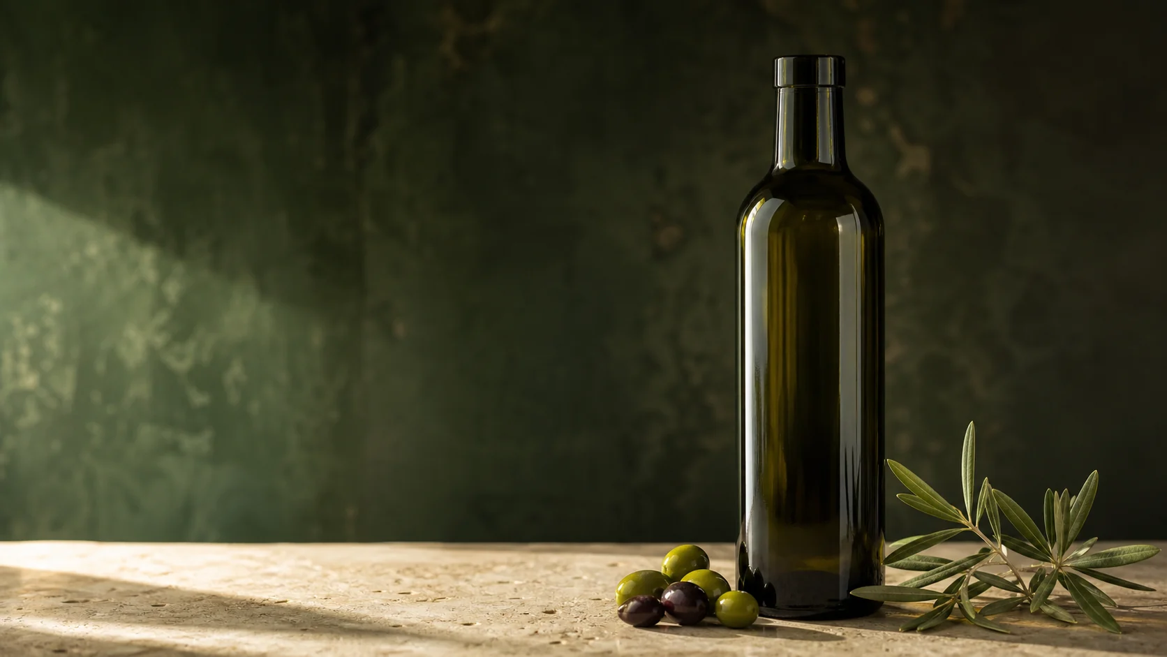 Dunkle Olivenölflasche mit Oliven und Olivenzweig auf Naturstein