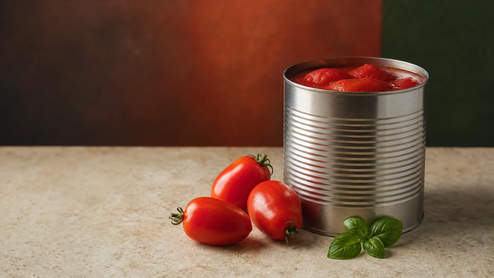 Geöffnete Dose mit geschälten Tomaten und drei frischen Tomaten